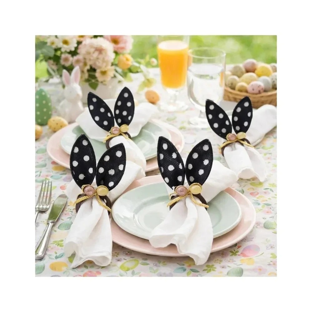 Nicole Miller Easter Rabbit Ears Black Polka Dot egg Napkin Rings Set of 4